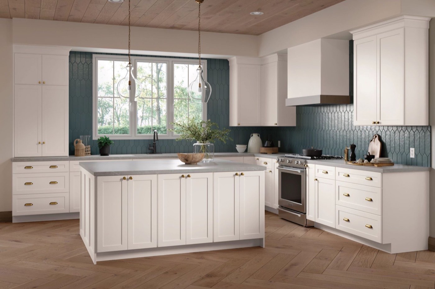 Mantra Cabinets L-shape kitchen with island, Omni in Snow, available at Shoreline Cabinet Company in Wilmington, NC