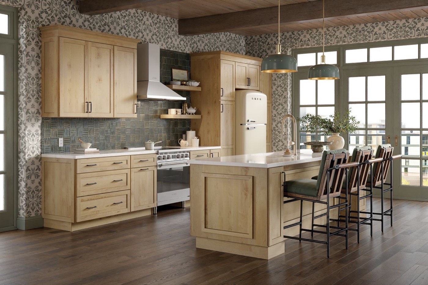Mantra Cabinets Light wood kitchen with large island, Omni in Hammock, available at Shoreline Cabinet Company in Wilmington, NC