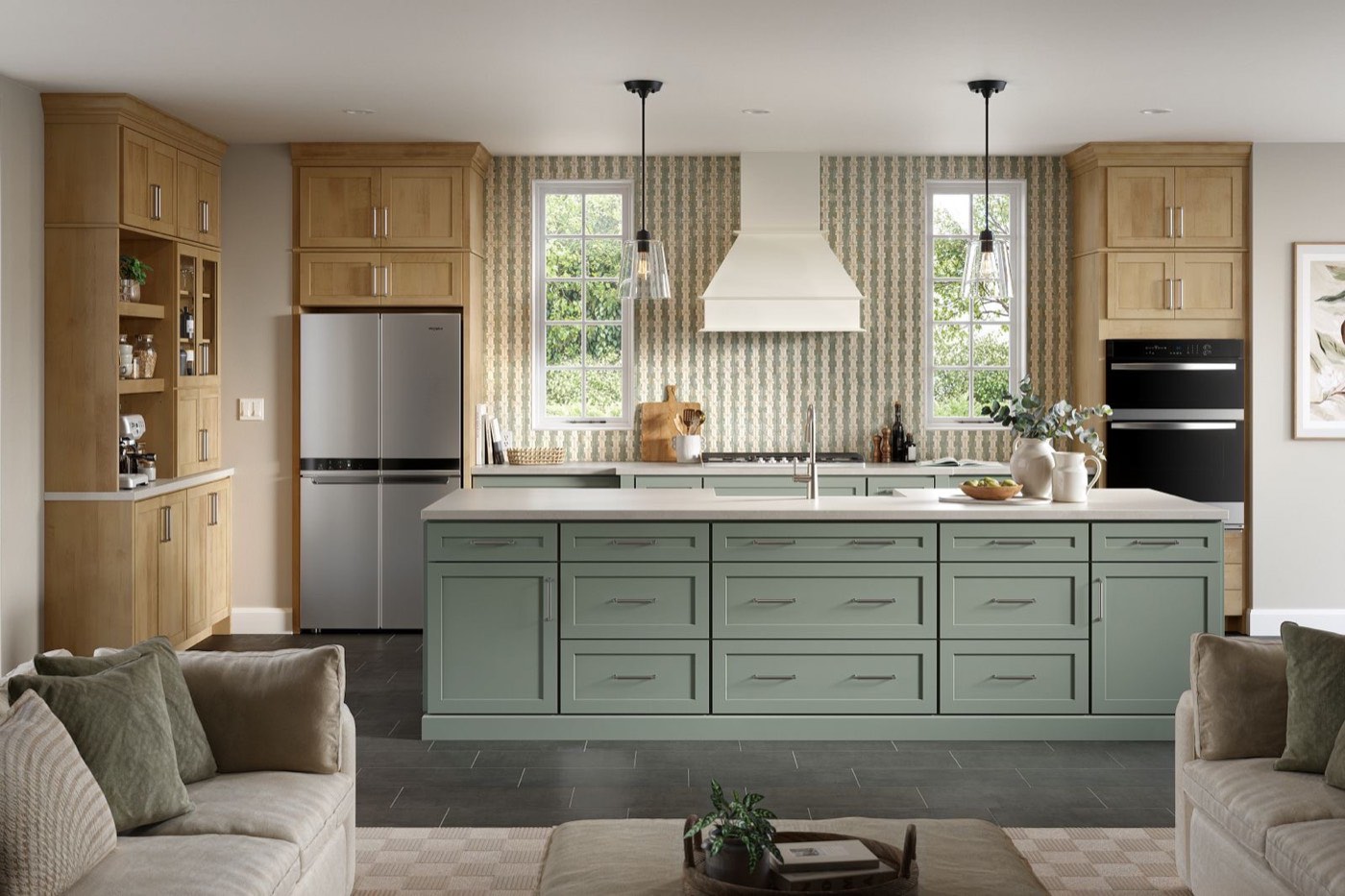 Mantra Cabinets Shaker kitchen in three finishes: Rosemary, Snow, Hammock (Omni), available at Shoreline Cabinet Company in Wilmington, NC