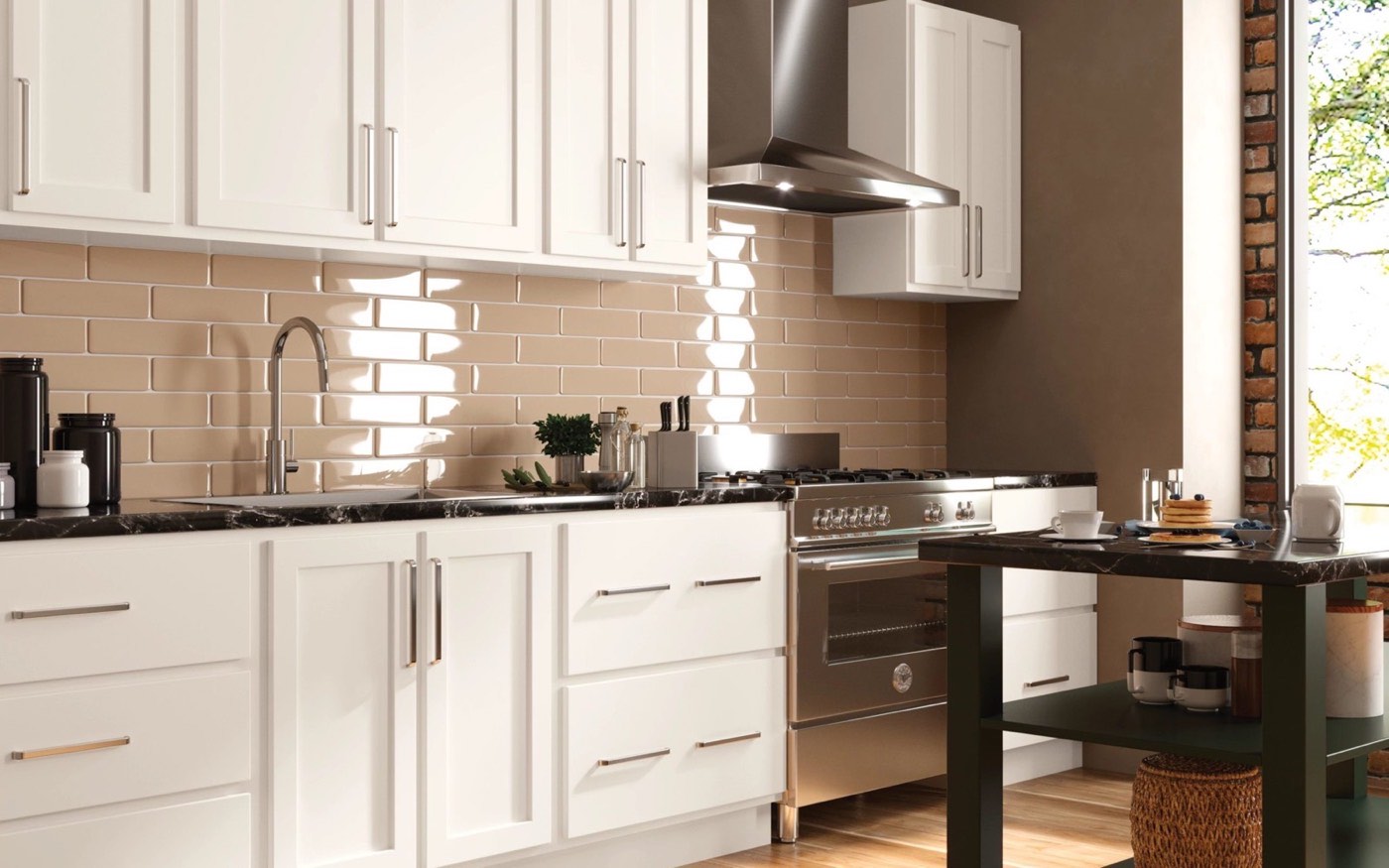 Mantra Cabinets Single galley modern kitchen, Classic door in Snow, available at Shoreline Cabinet Company in Wilmington, NC
