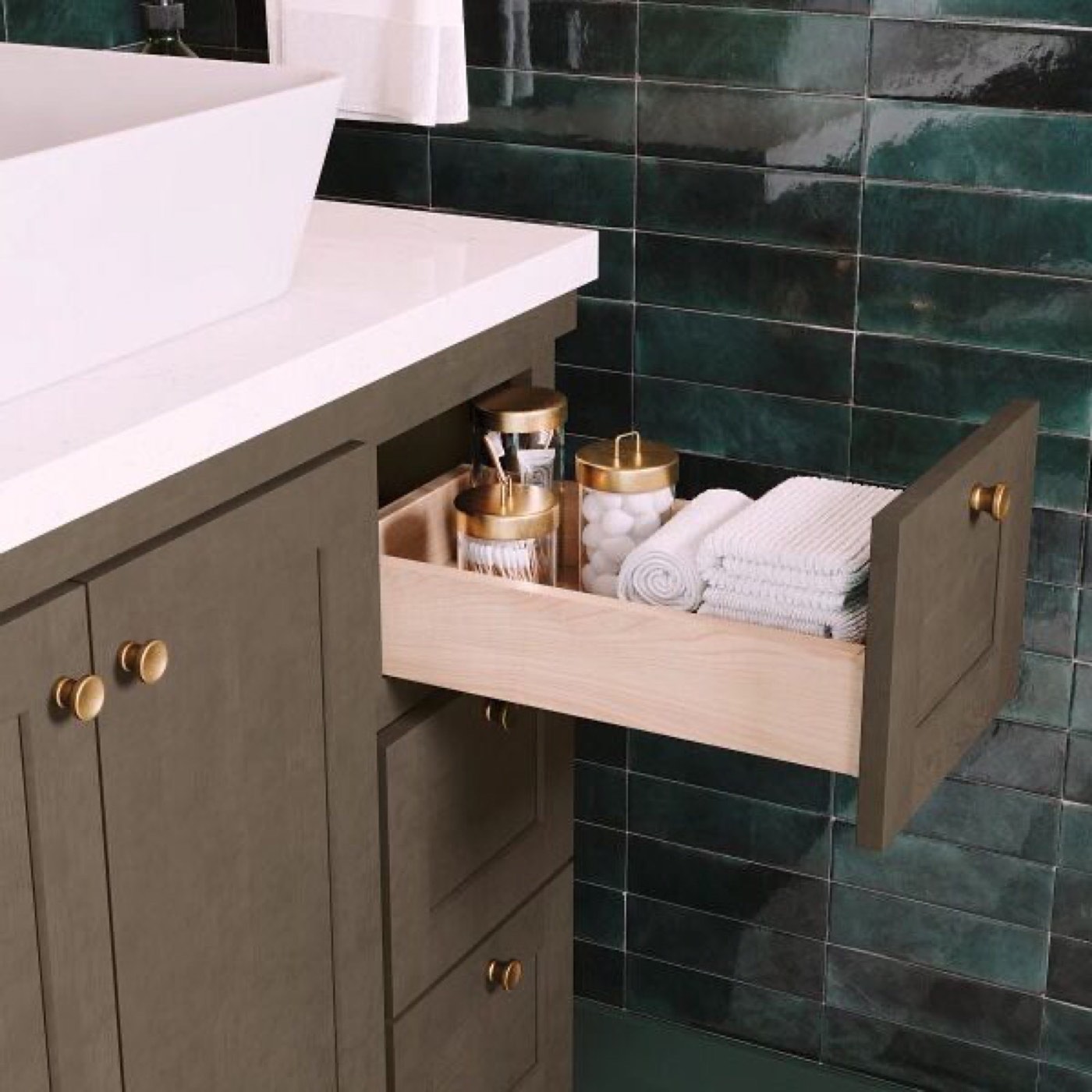 Mantra Cabinets Scooped (plumbing) drawer in vanity sink base, Beachwood, available at Shoreline Cabinet Company in Wilmington, NC