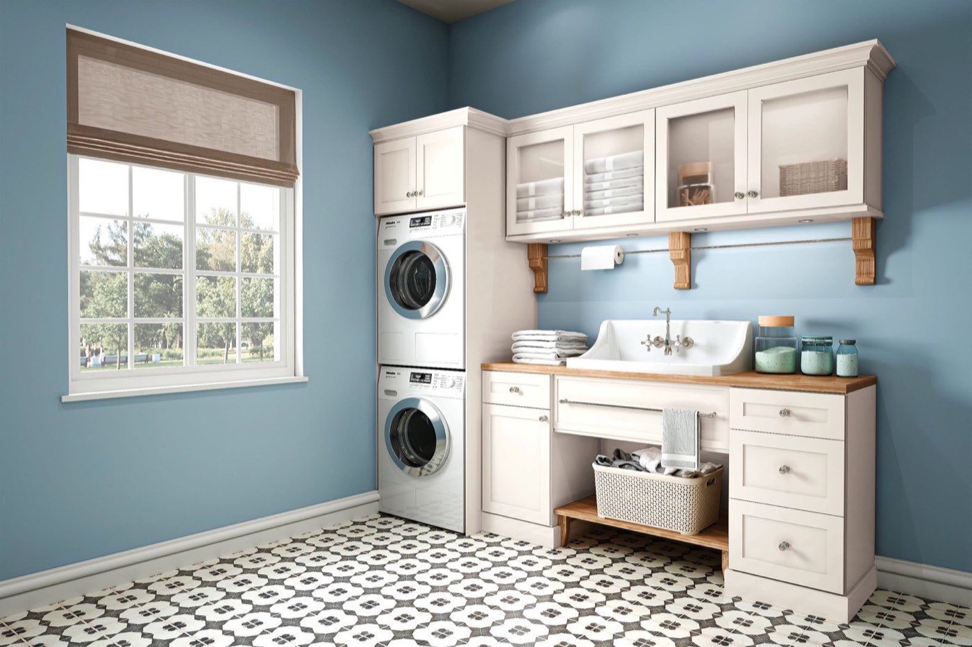 Mantra Cabinets Laundry room, Omni in Snow, available at Shoreline Cabinet Company in Wilmington, NC