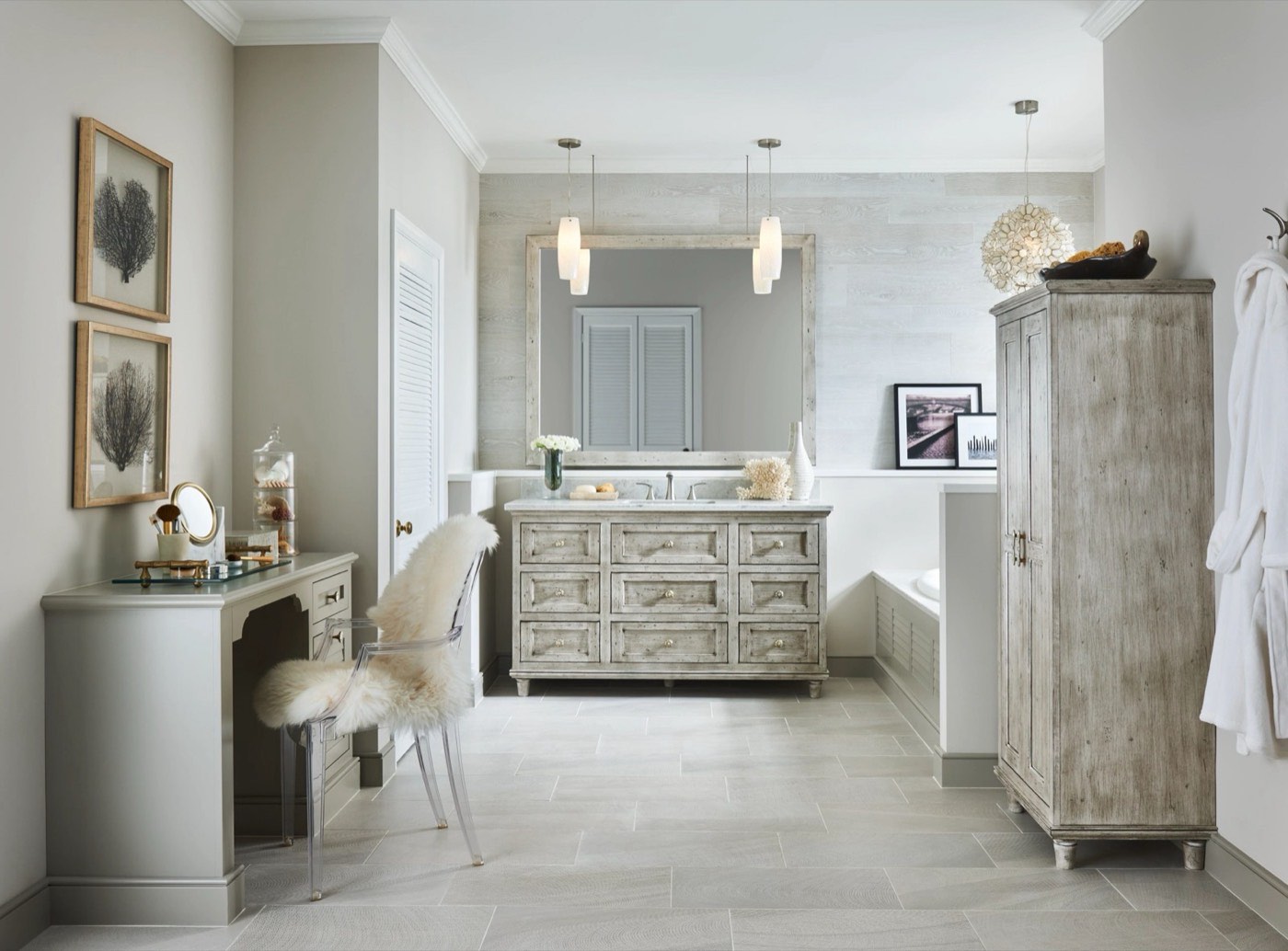 Medallion Cabinetry Galleria Vanity Collection bath (Santa Cruz Platinum), available at Shoreline Cabinet Company in Wilmington, NC