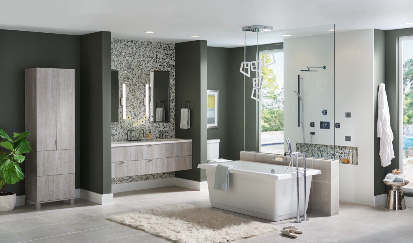 Medallion Cabinetry Mezza floating vanity: Pike's Peak in Silver Moss, available at Shoreline Cabinet Company in Wilmington, NC
