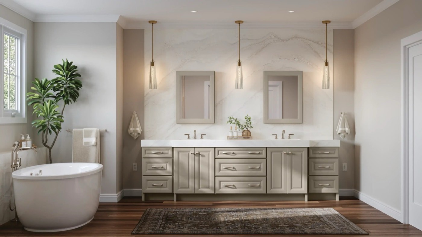 Medallion Cabinetry Refined Rituals bath: Venice Raised Panel in Macchiato on Maple, available at Shoreline Cabinet Company in Wilmington, NC