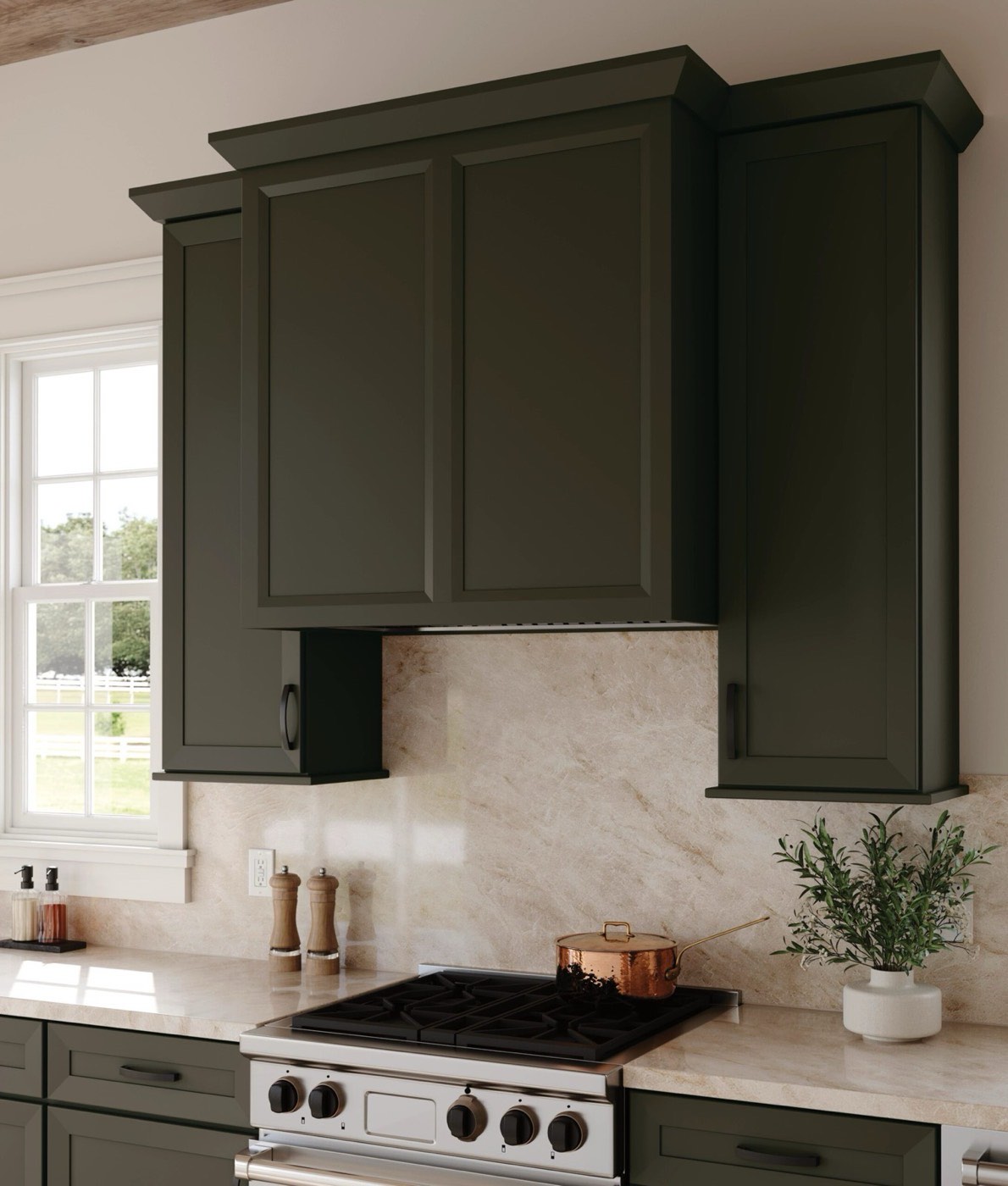 Medallion Cabinetry Deluxe Box Hood, Harlan in Cavern on Maple, available at Shoreline Cabinet Company in Wilmington, NC