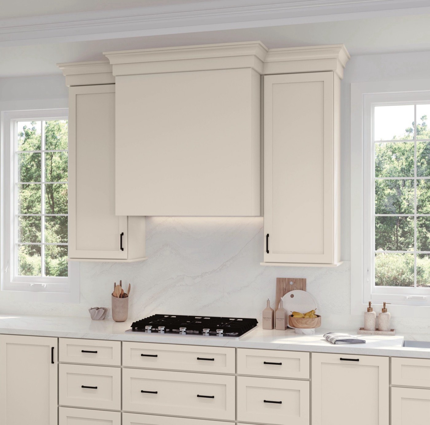 Medallion Cabinetry Plain Box Hood, Potter's Mill Flat Panel in Irish Creme, available at Shoreline Cabinet Company in Wilmington, NC