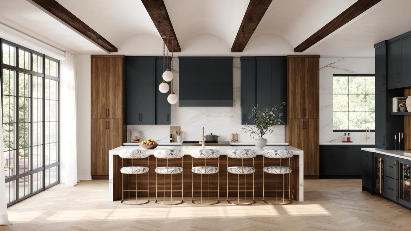 Medallion Cabinetry Depth of Field: Bella in Natural on Walnut + Bella in Nocturne on SignaCore, available at Shoreline Cabinet Company in Wilmington, NC