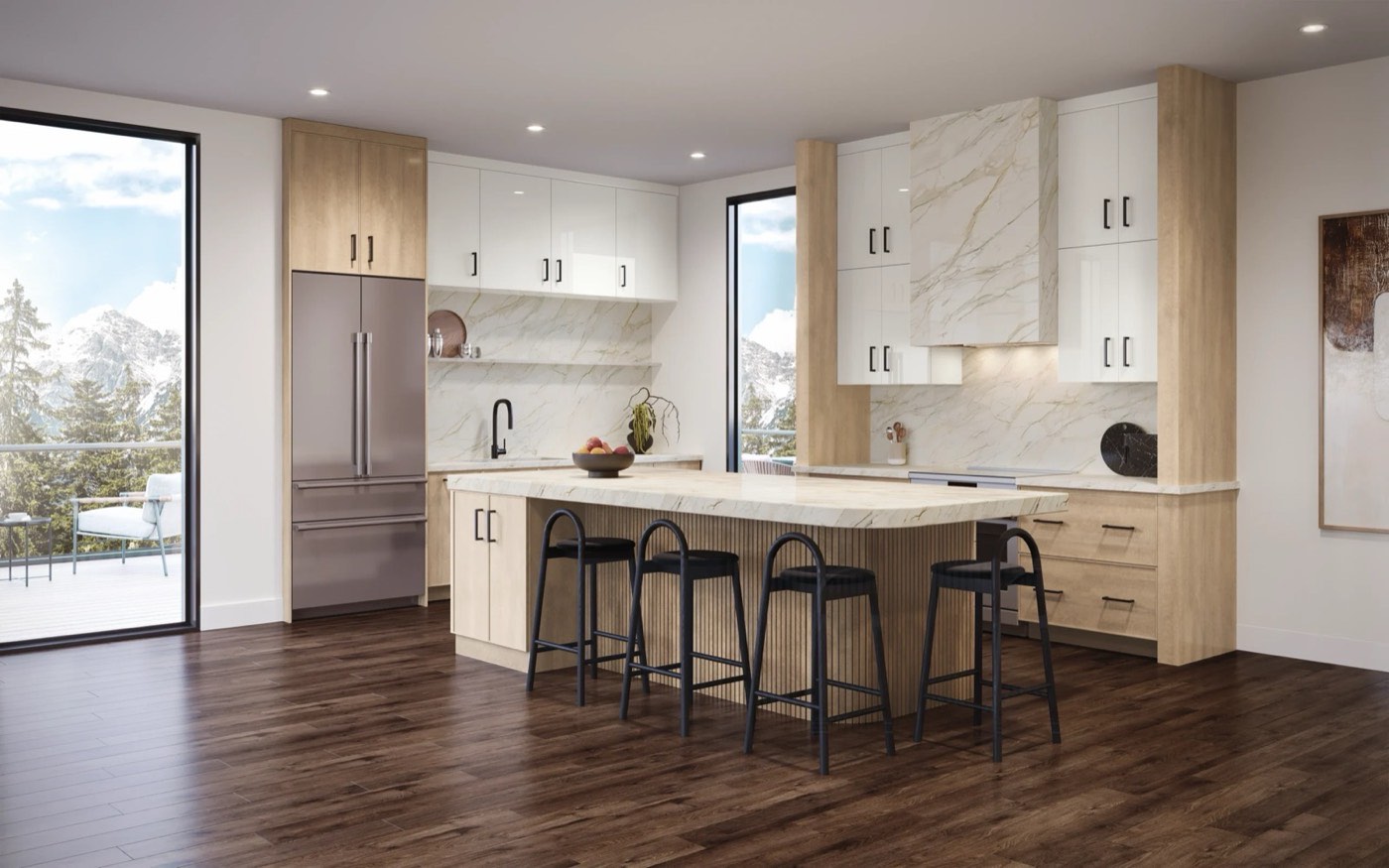 Medallion Cabinetry Edit Suite: Finch in Gossamer on QS Oak + Gibson in White Dahlia acrylic, available at Shoreline Cabinet Company in Wilmington, NC