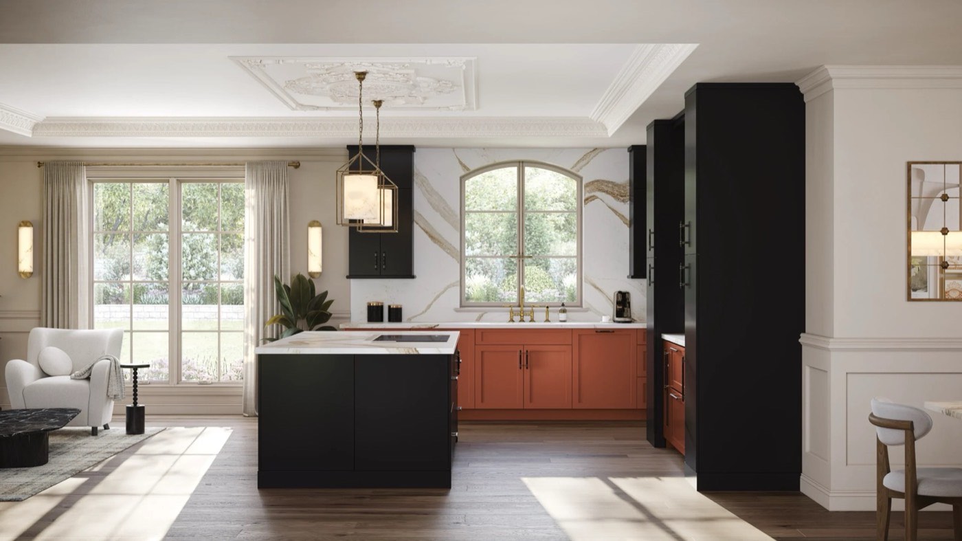Medallion Cabinetry Gilded Edge: Potter's Mill Flat Panel in Canyon + Bella in Shadow, available at Shoreline Cabinet Company in Wilmington, NC
