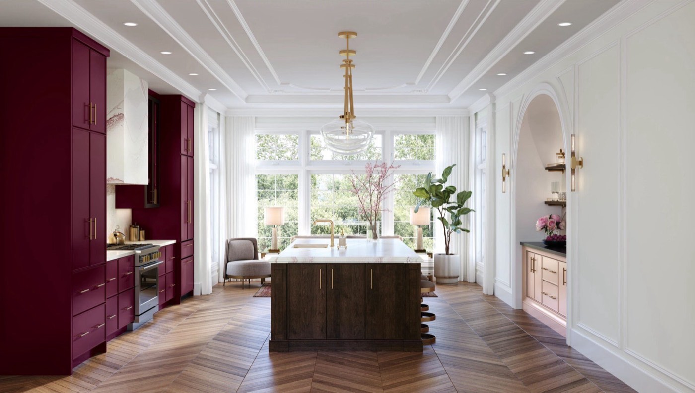 Medallion Cabinetry Grace and Grandeur: Finch in Claret, Hearth and Petal, available at Shoreline Cabinet Company in Wilmington, NC