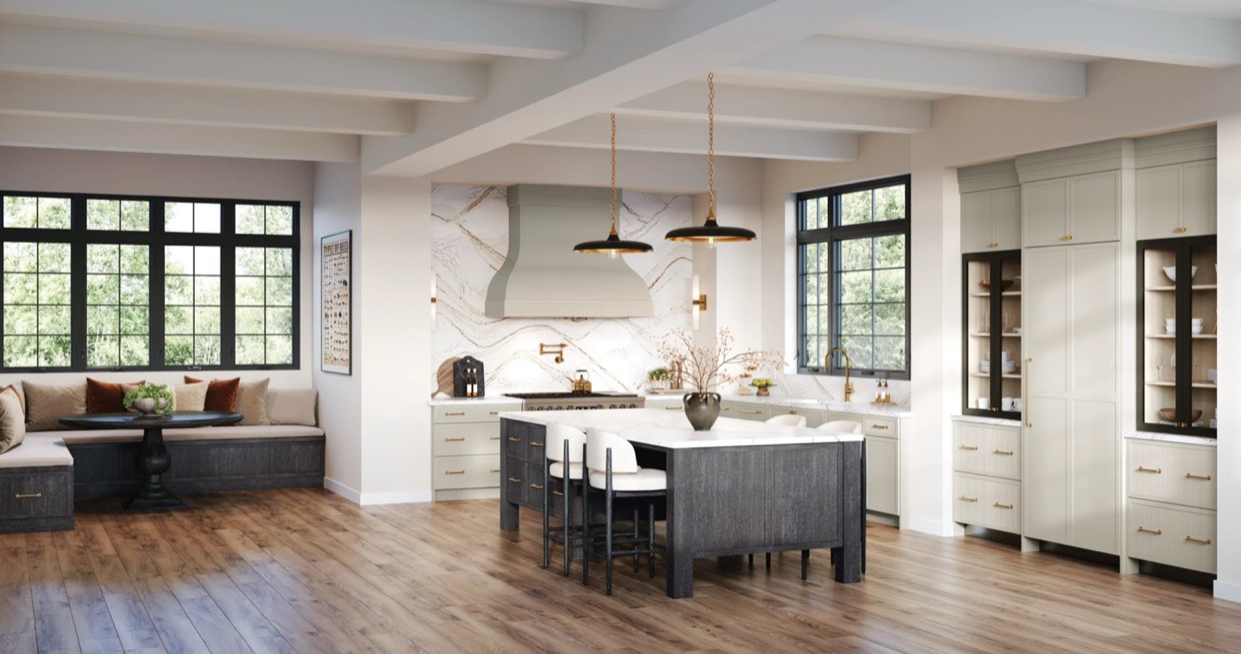Medallion Cabinetry New Old World: Audrey Flat Panel in Marzipan on Maple + Alpine Mountain on QS Oak, available at Shoreline Cabinet Company in Wilmington, NC