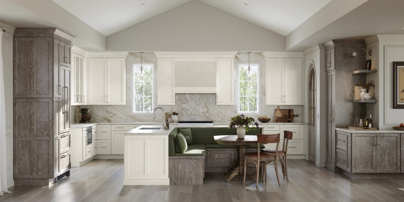 Medallion Cabinetry Soft Power: Zayne in White Icing and Frostbitten Ridge on Oak, available at Shoreline Cabinet Company in Wilmington, NC