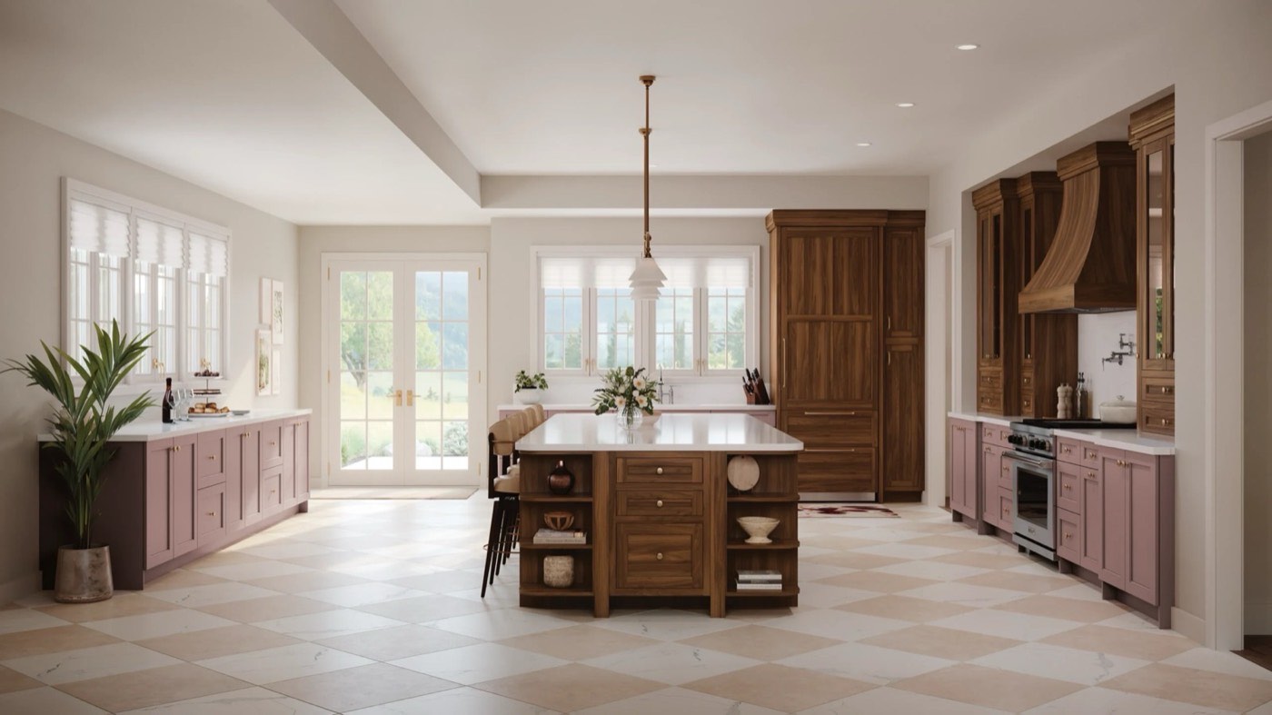 Medallion Cabinetry Uncommon Knowledge: Park Place in Natural on Walnut + Orchid on Maple, available at Shoreline Cabinet Company in Wilmington, NC