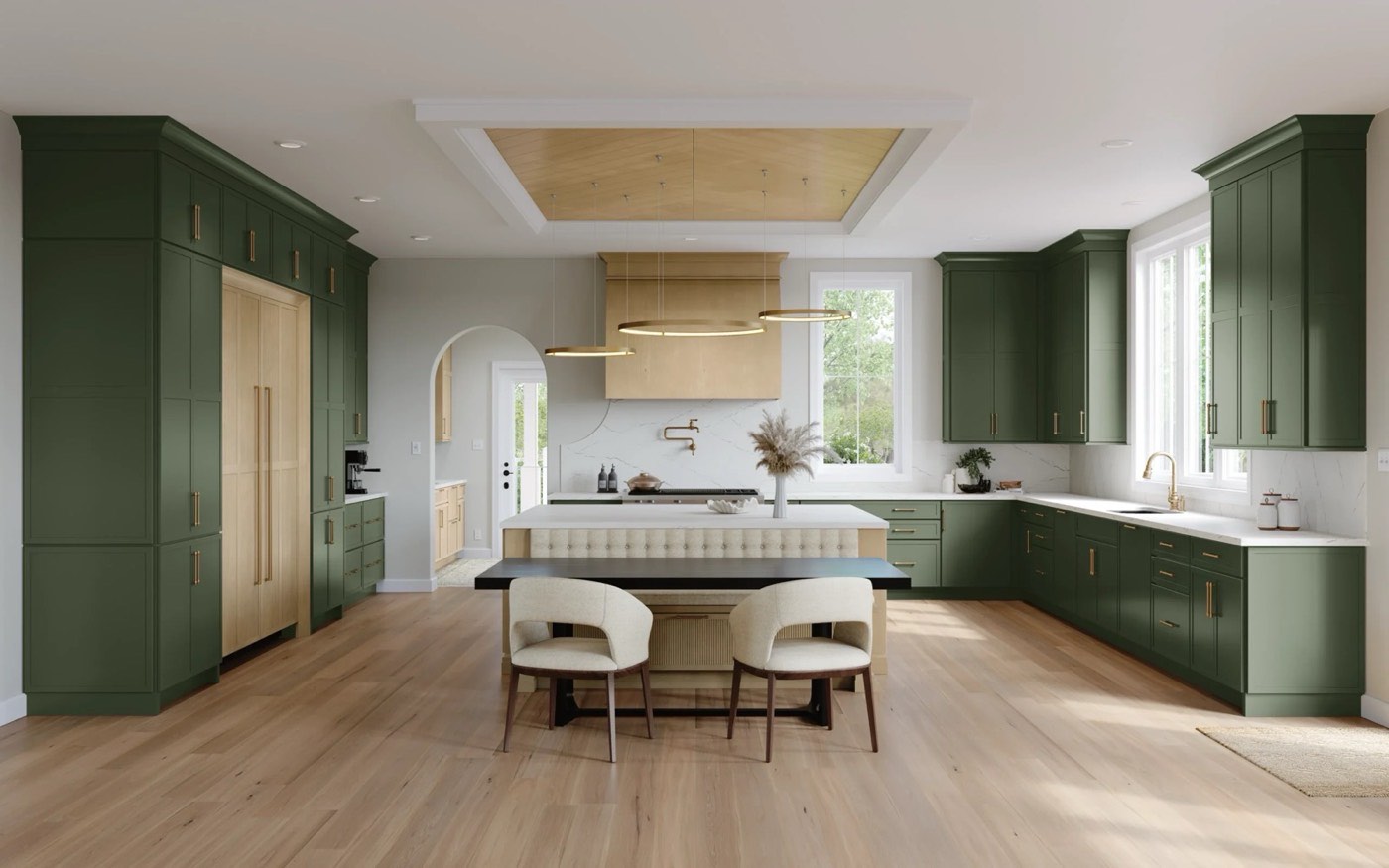 Medallion Cabinetry Verdant Authority: Audrey Flat Panel in Everpine on Maple, Humphrey in Flax on Cherry, available at Shoreline Cabinet Company in Wilmington, NC