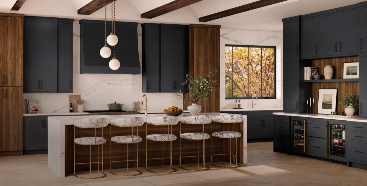 Medallion Cabinetry Bella door, Walnut collection kitchen, available at Shoreline Cabinet Company in Wilmington, NC