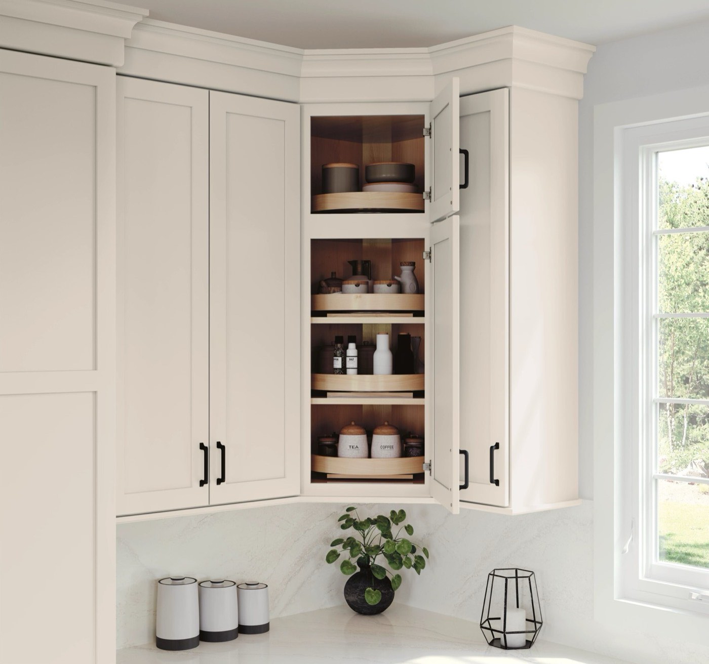 Medallion Cabinetry Diagonal corner stacked wall cabinet with wood lazy susan, available at Shoreline Cabinet Company in Wilmington, NC