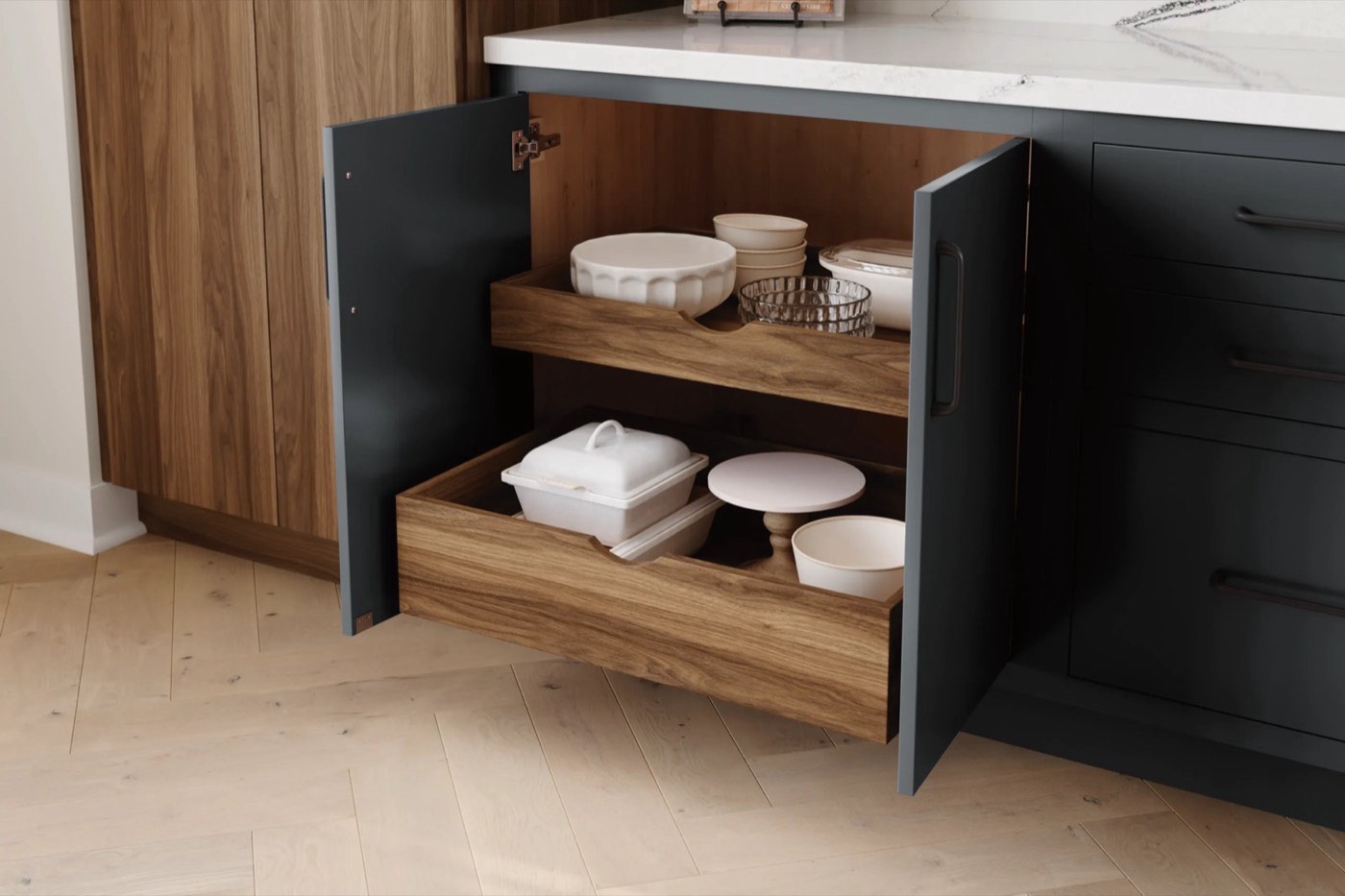 Medallion Cabinetry Roll-out trays (Bella kitchen), available at Shoreline Cabinet Company in Wilmington, NC
