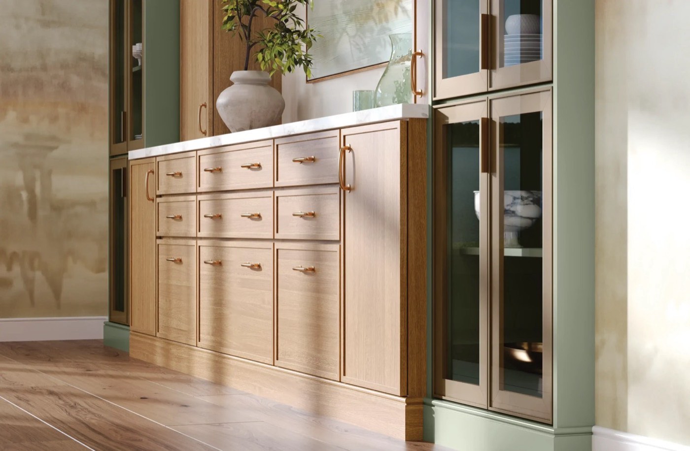 Medallion Cabinetry Tranquil Expression dining/serving: Apollo in Lynx on QS Oak, Catania gold glass doors, available at Shoreline Cabinet Company in Wilmington, NC