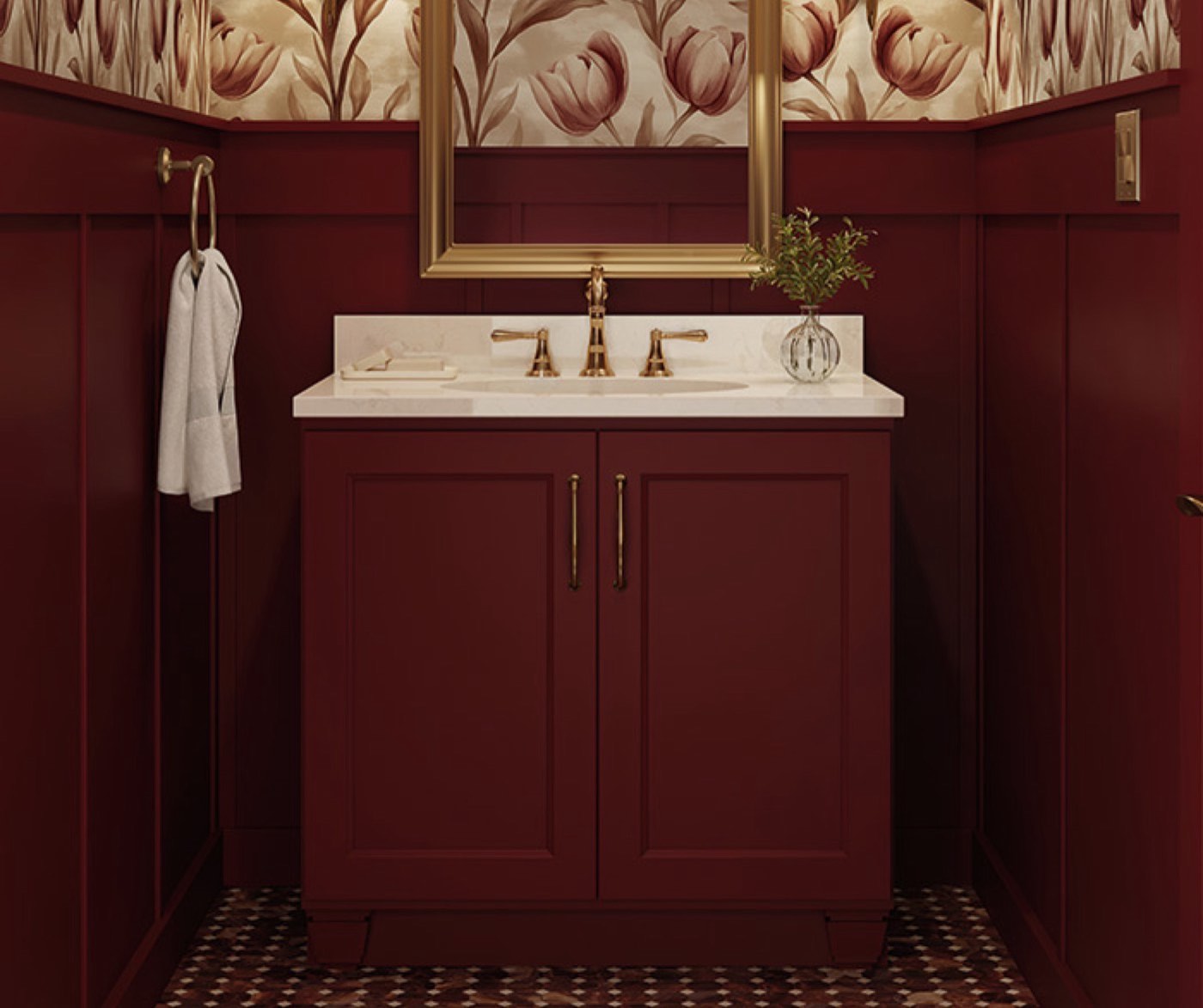Mid Continent Cabinetry Custom color (deep red) vanity bath (Danielson), available at Shoreline Cabinet Company in Wilmington, NC