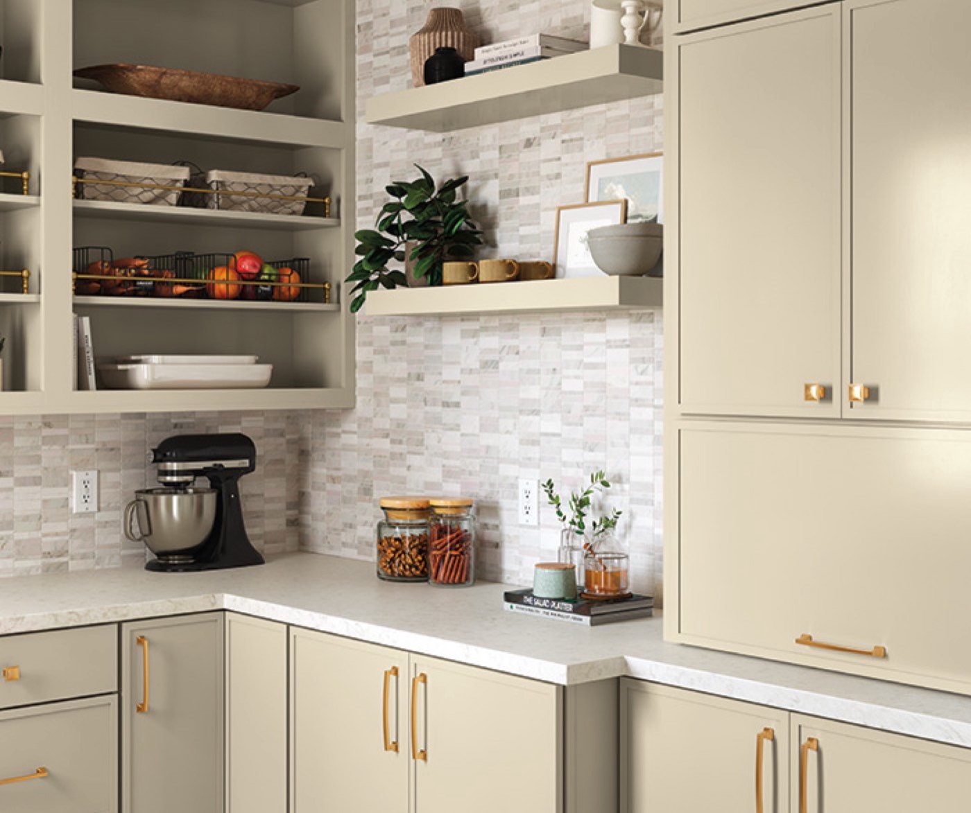 Mid Continent Cabinetry Open shelving / display detail (Henri kitchen, Marcona), available at Shoreline Cabinet Company in Wilmington, NC