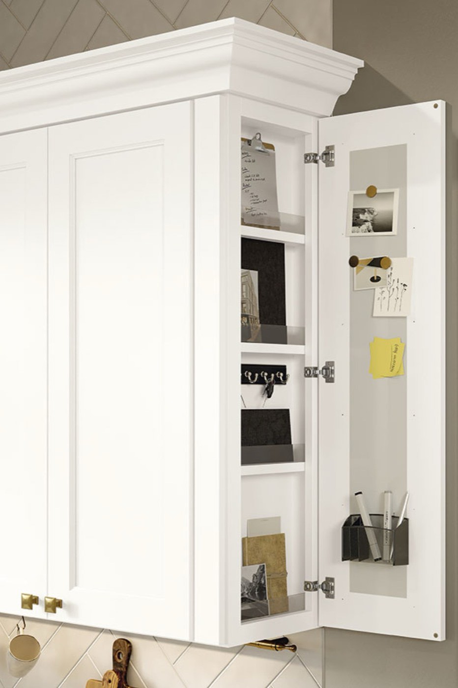 Mid Continent Cabinetry Wall message center cabinet (Perry, Brightest White), available at Shoreline Cabinet Company in Wilmington, NC