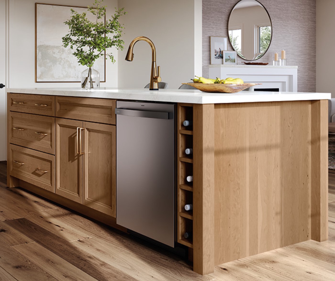 Mid Continent Cabinetry Corbin kitchen in warm wood, available at Shoreline Cabinet Company in Wilmington, NC
