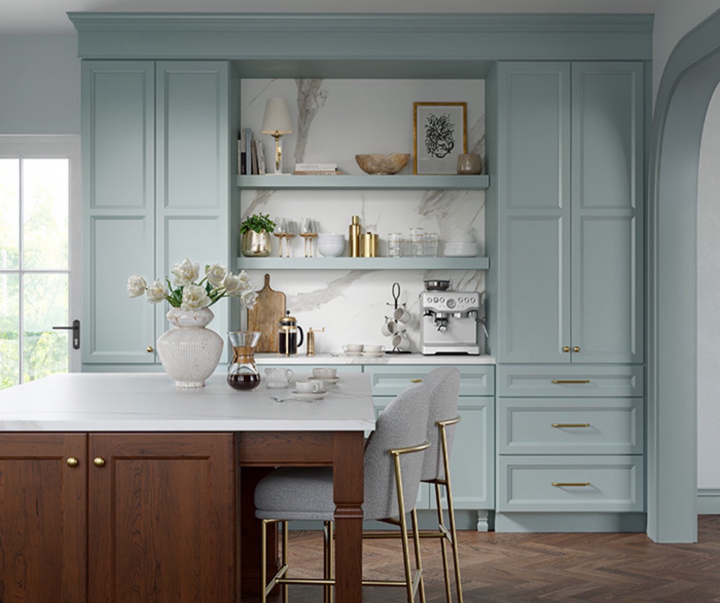 Mid Continent Cabinetry Custom color soft blue kitchen (Berkley FO), available at Shoreline Cabinet Company in Wilmington, NC