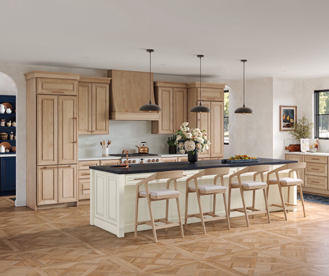Mid Continent Cabinetry L-shape kitchen with island (Celina, Grainstone/Regatta), available at Shoreline Cabinet Company in Wilmington, NC