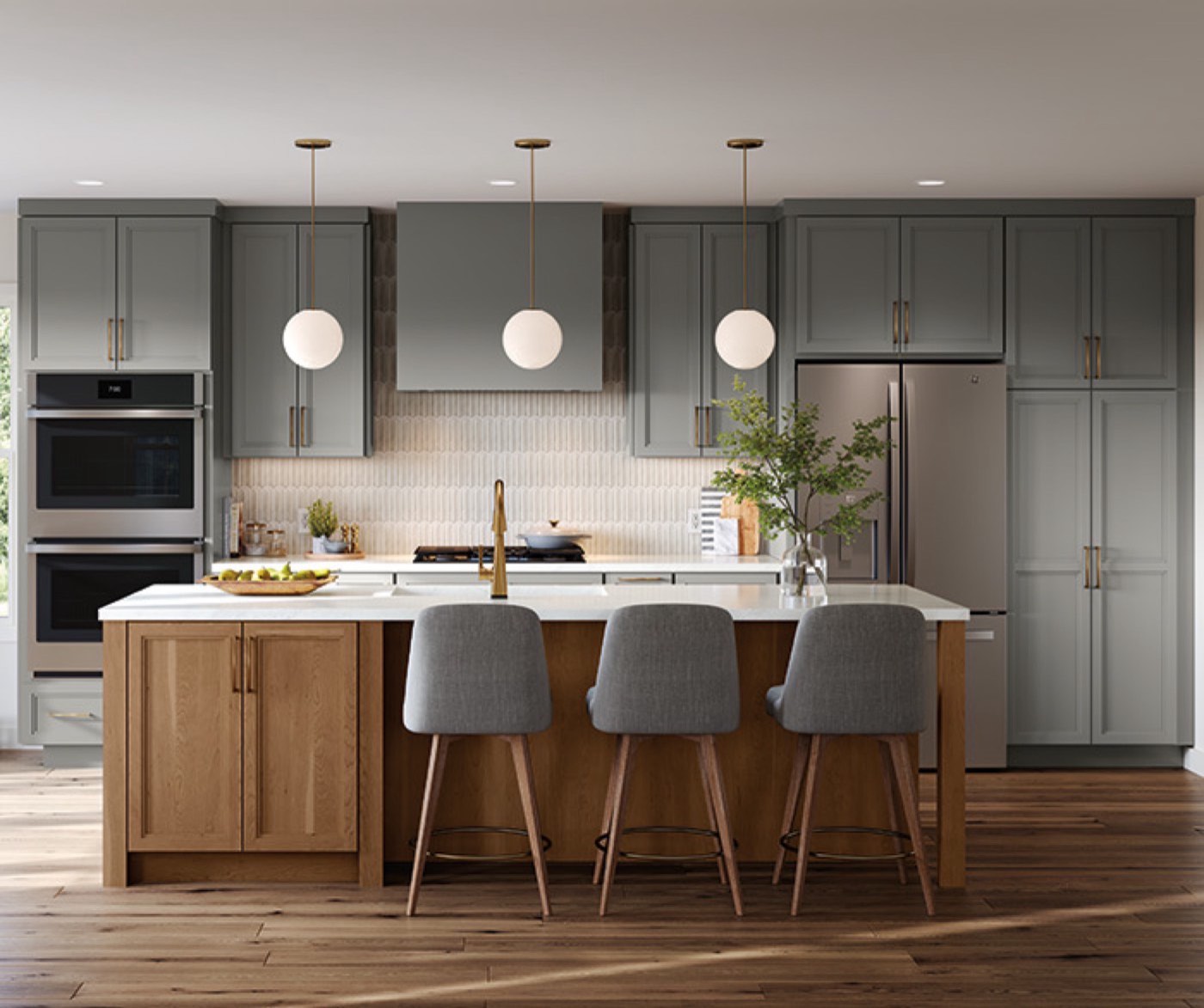 Mid Continent Cabinetry Modern high-efficiency kitchen (Corbin, Ashwood), available at Shoreline Cabinet Company in Wilmington, NC