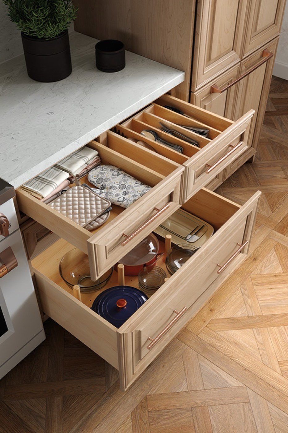 Mid Continent Cabinetry Cutlery insert + peg drawer, available at Shoreline Cabinet Company in Wilmington, NC