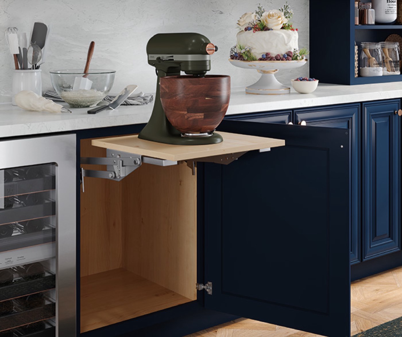 Mid Continent Cabinetry Mixer lift base cabinet, available at Shoreline Cabinet Company in Wilmington, NC
