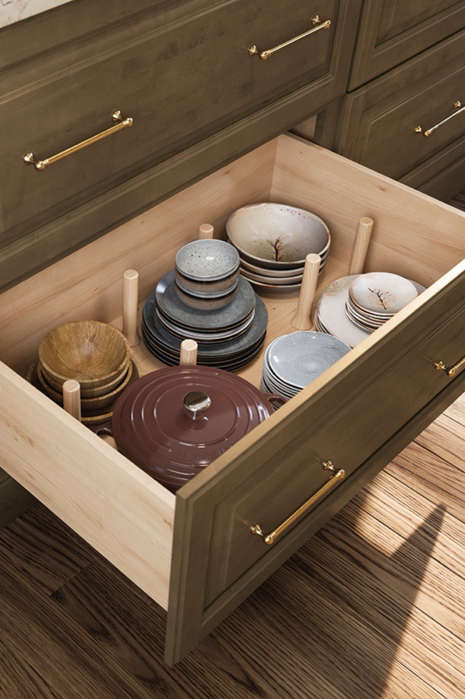 Mid Continent Cabinetry Two-drawer base with peg dish organizer, available at Shoreline Cabinet Company in Wilmington, NC