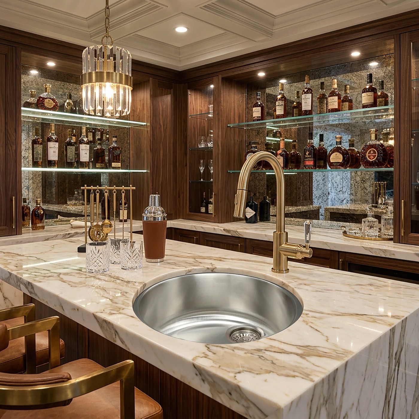 Nantucket Sinks Bar/prep sinks (round bar sink in home bar), available at Shoreline Cabinet Company in Wilmington, NC