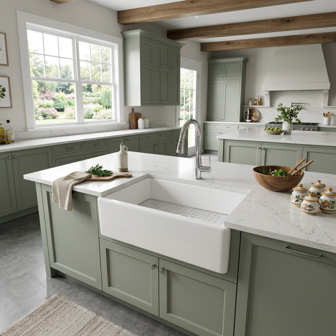 Nantucket Sinks Farmhouse sinks (fireclay apron, sage kitchen), available at Shoreline Cabinet Company in Wilmington, NC