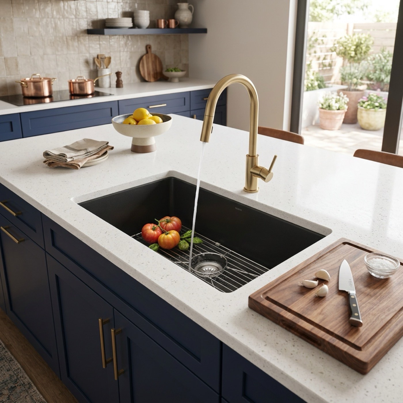 Nantucket Sinks Undermount sinks (black composite, navy cabinets), available at Shoreline Cabinet Company in Wilmington, NC