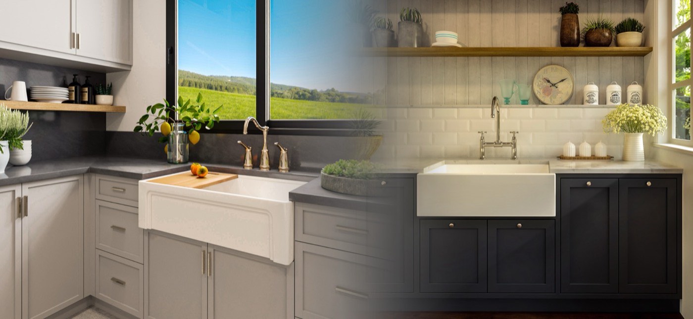 Nantucket Sinks Kitchen with white farmhouse sink, available at Shoreline Cabinet Company in Wilmington, NC