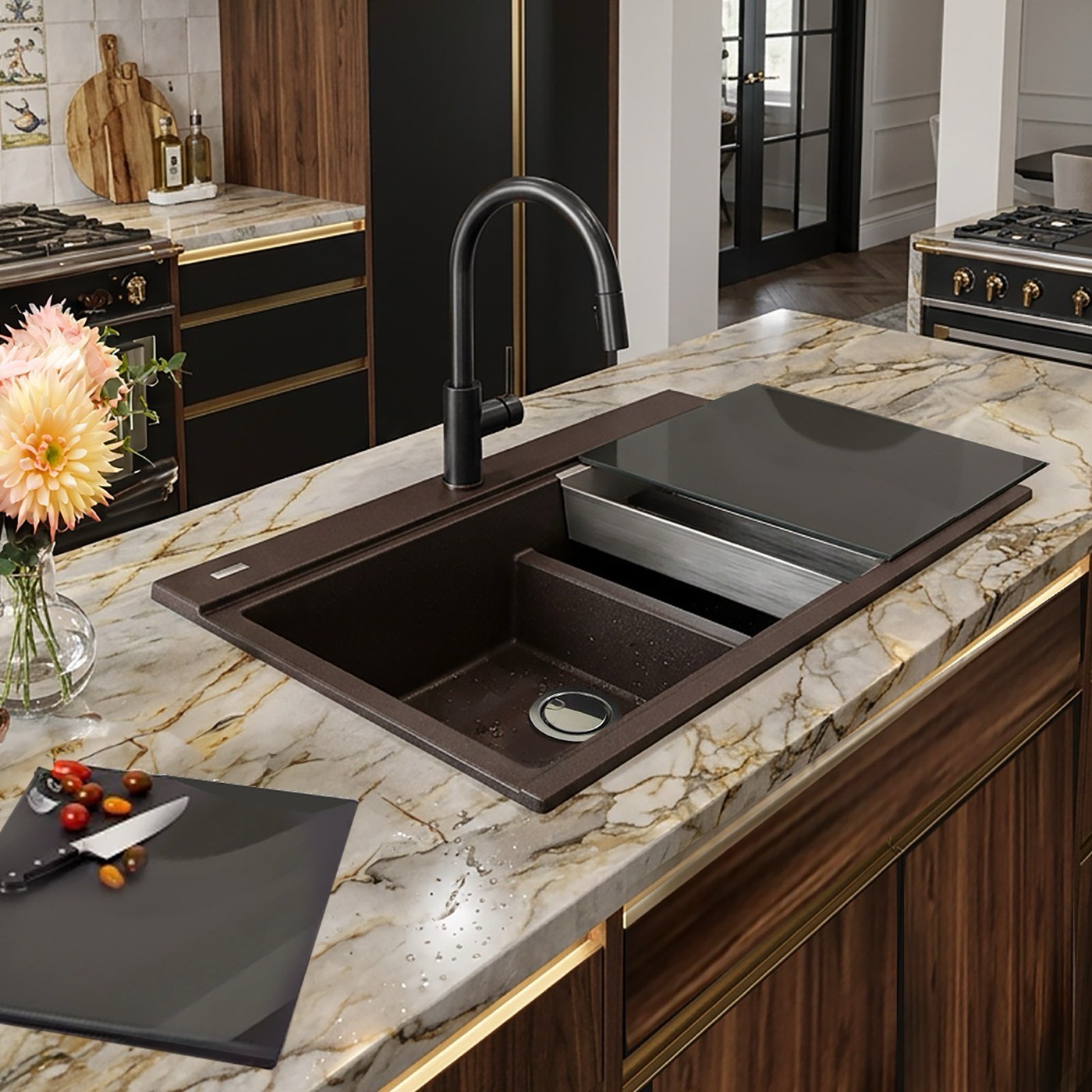 Nantucket Sinks Marble counter, black granite composite double sink, available at Shoreline Cabinet Company in Wilmington, NC