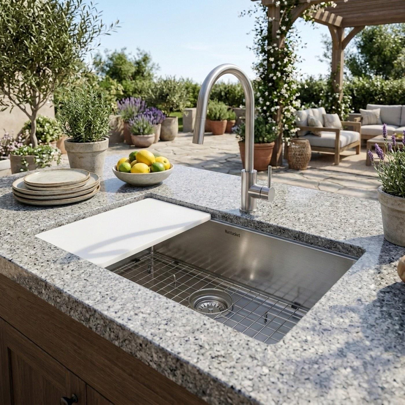 Nantucket Sinks Outdoor kitchen, stainless sink, available at Shoreline Cabinet Company in Wilmington, NC