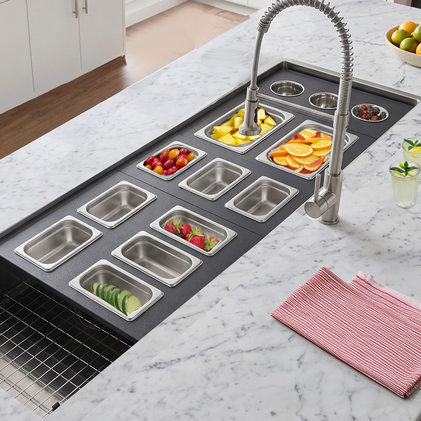 Nantucket Sinks Prep-station workstation sink with accessories, available at Shoreline Cabinet Company in Wilmington, NC