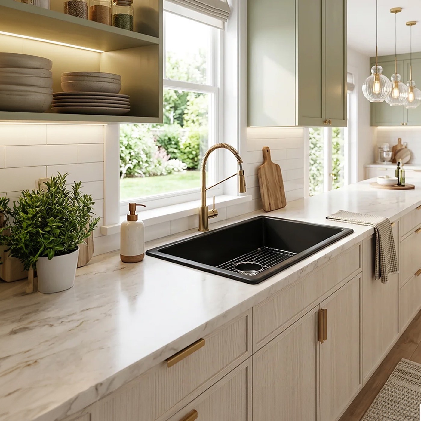 Nantucket Sinks White kitchen, black granite composite undermount sink, available at Shoreline Cabinet Company in Wilmington, NC