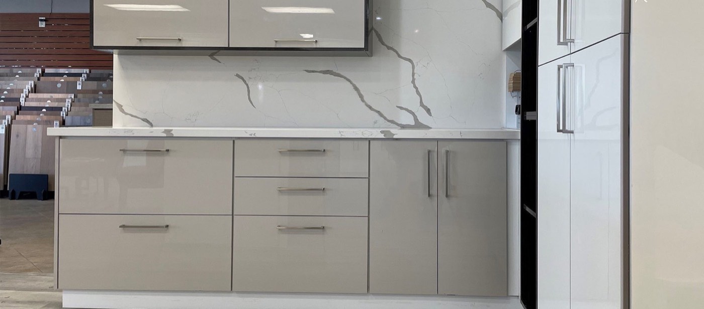 Pride Decor Light gray cabinets with pulls, available at Shoreline Cabinet Company in Wilmington, NC