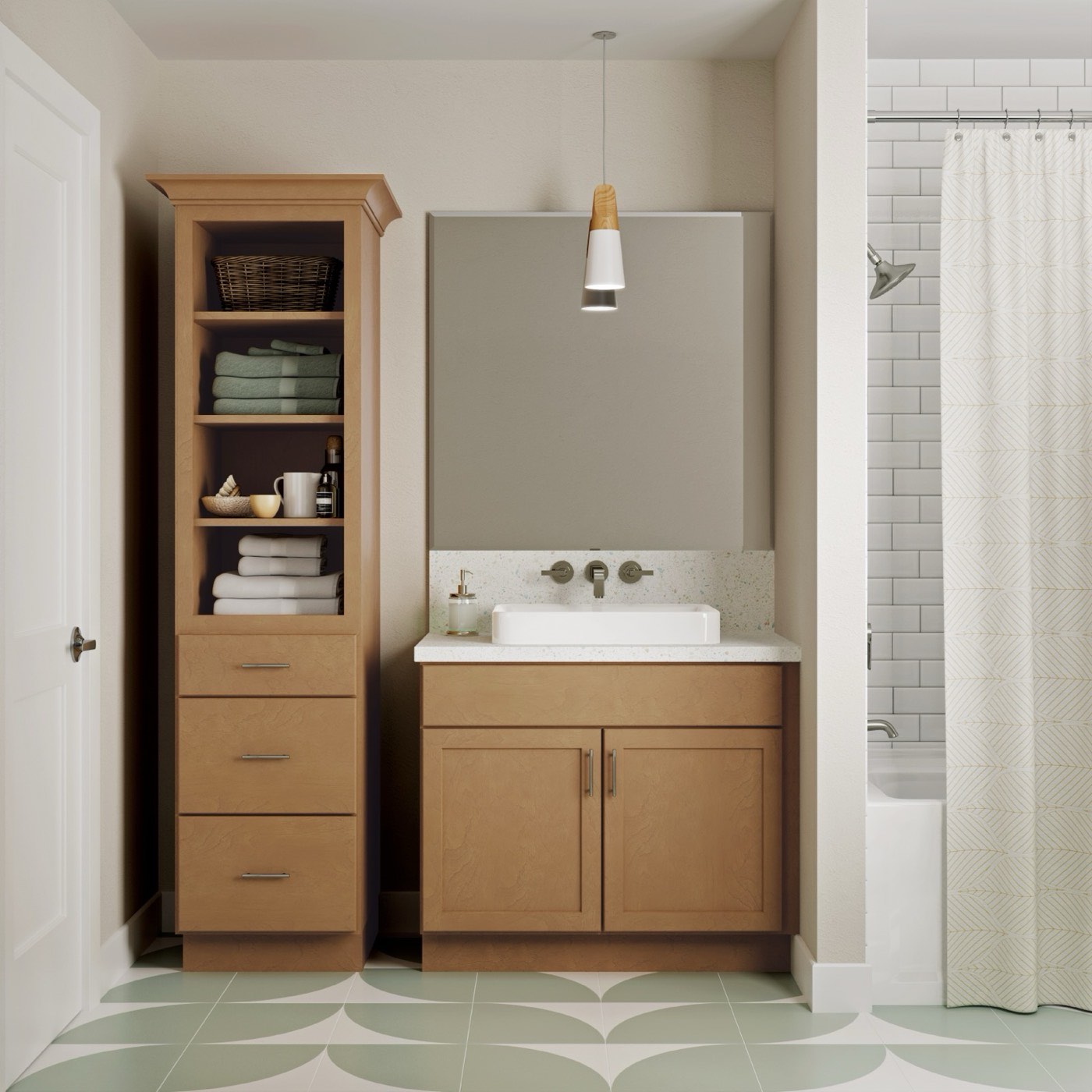 Quality Cabinets Kittery vanity in Birch, Boardwalk finish, available at Shoreline Cabinet Company in Wilmington, NC