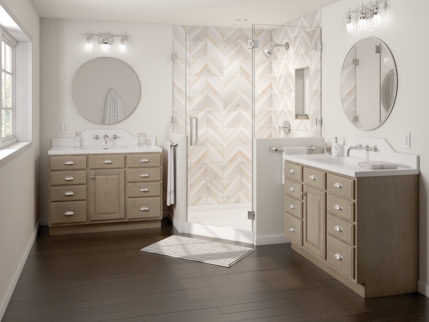 Quality Cabinets Shay double vanity in Maple, Steel Grey, available at Shoreline Cabinet Company in Wilmington, NC