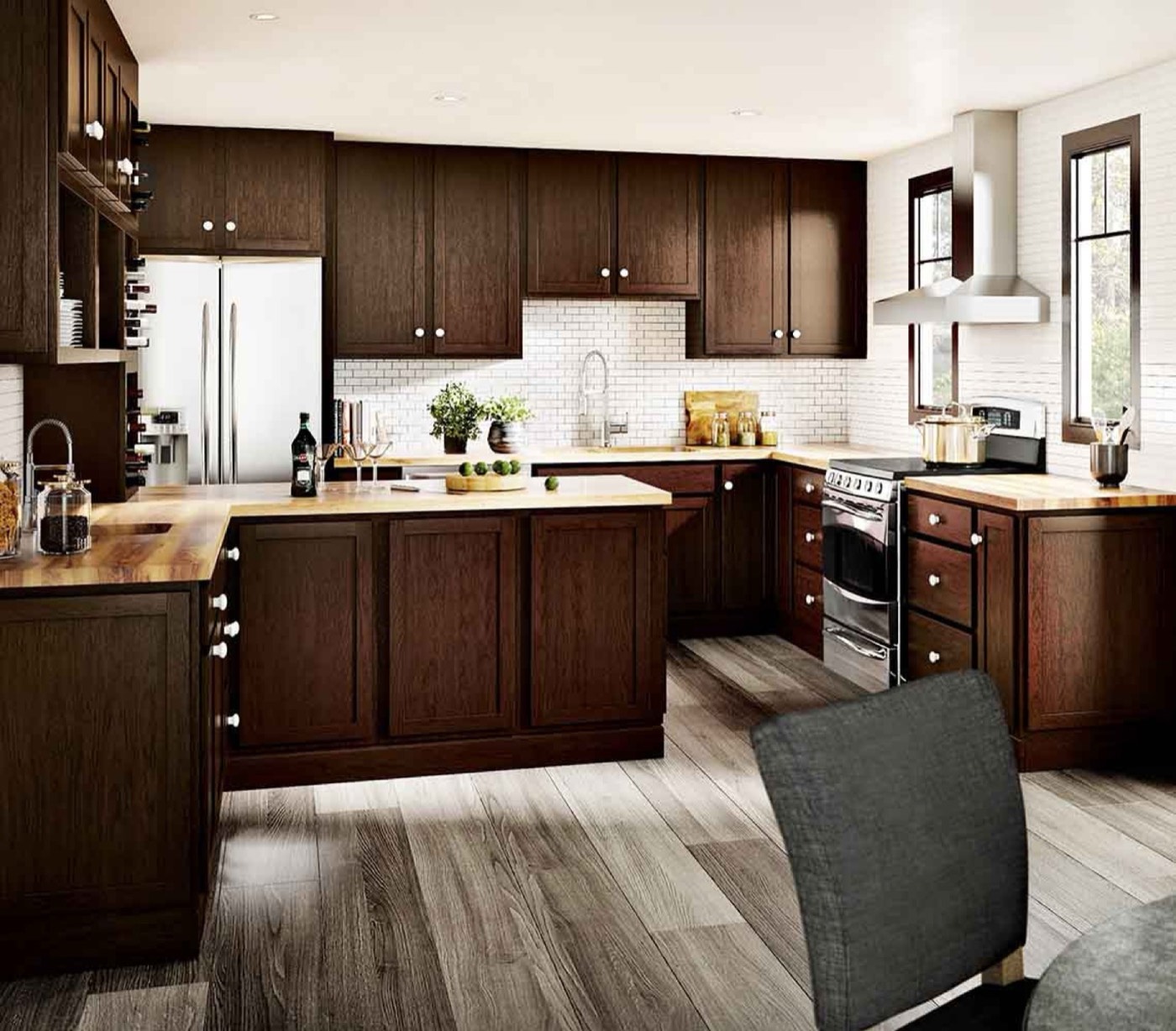 Quality Cabinets Derby kitchen in Birch Twilight, another view, available at Shoreline Cabinet Company in Wilmington, NC