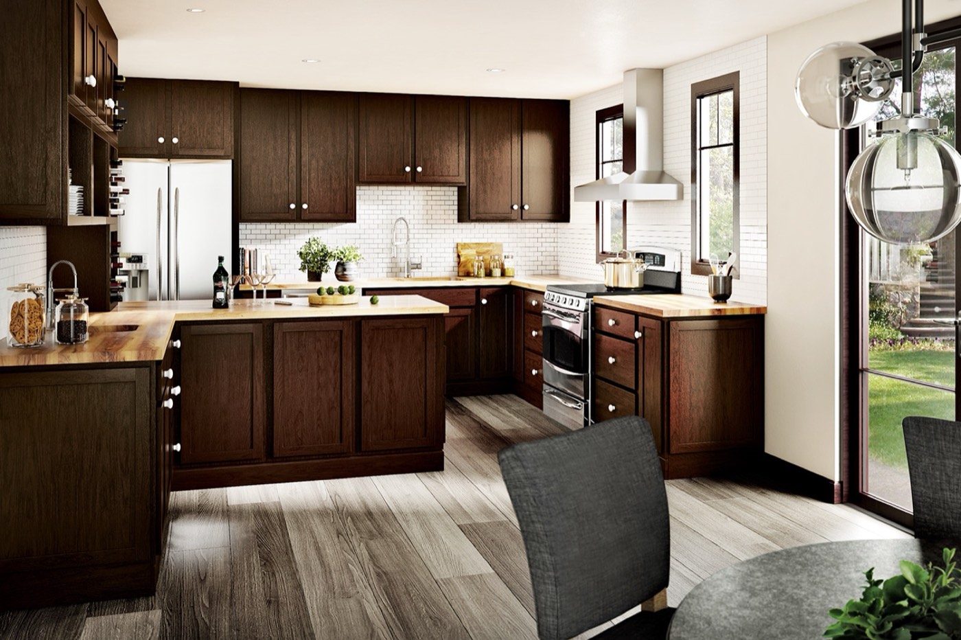 Quality Cabinets Derby kitchen in Birch, Twilight, available at Shoreline Cabinet Company in Wilmington, NC