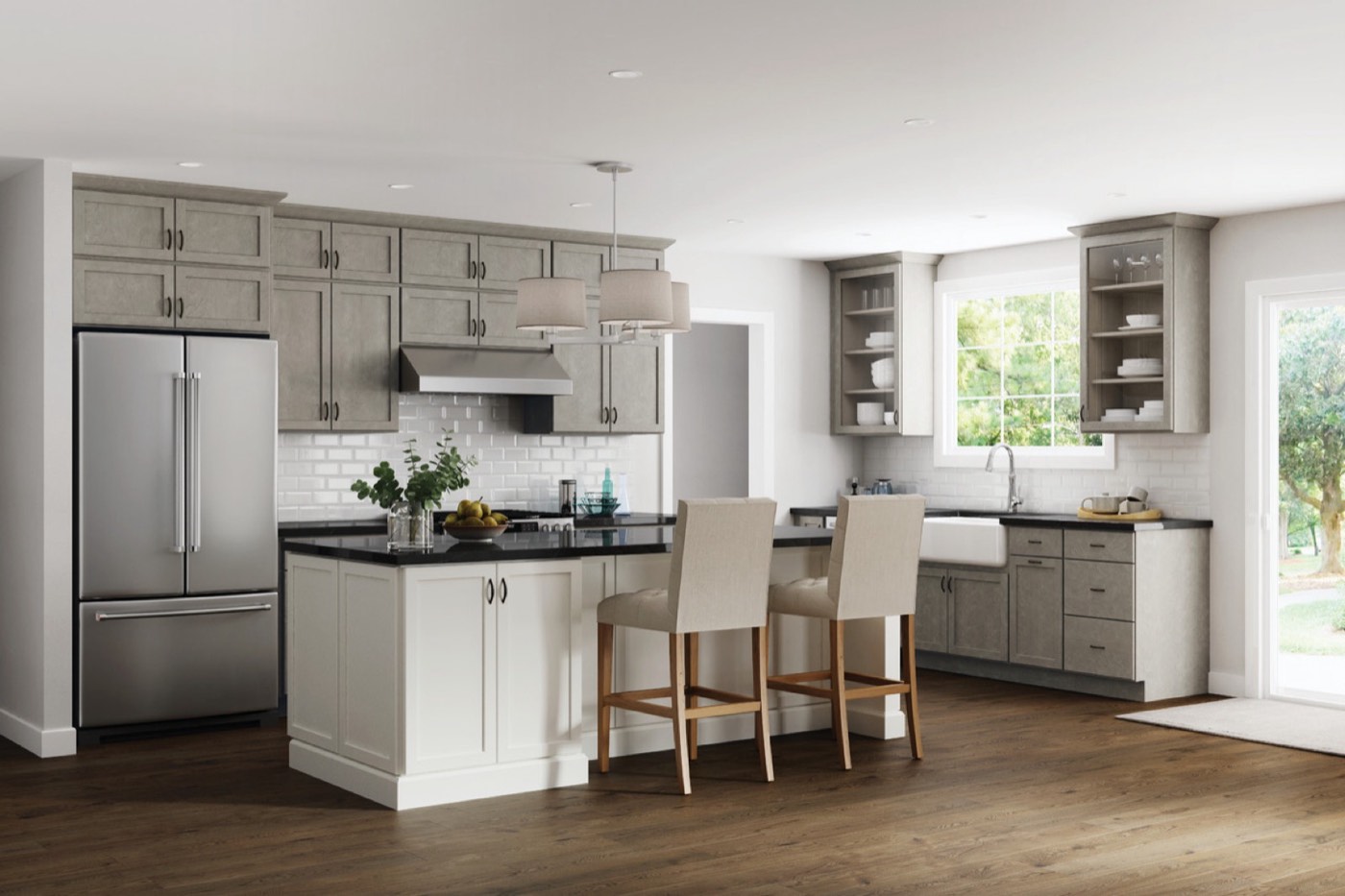 Quality Cabinets Kittery kitchen in Steel Grey Birch and Cotton, available at Shoreline Cabinet Company in Wilmington, NC