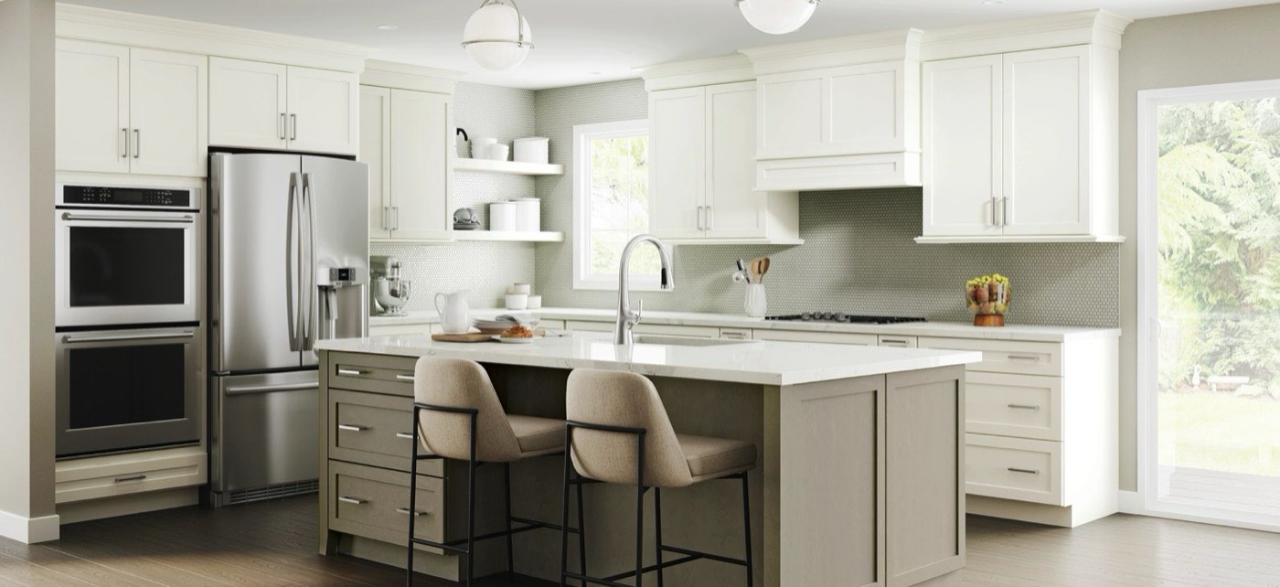 Quality Cabinets Peterson kitchen in Cotton and Steel Grey, available at Shoreline Cabinet Company in Wilmington, NC