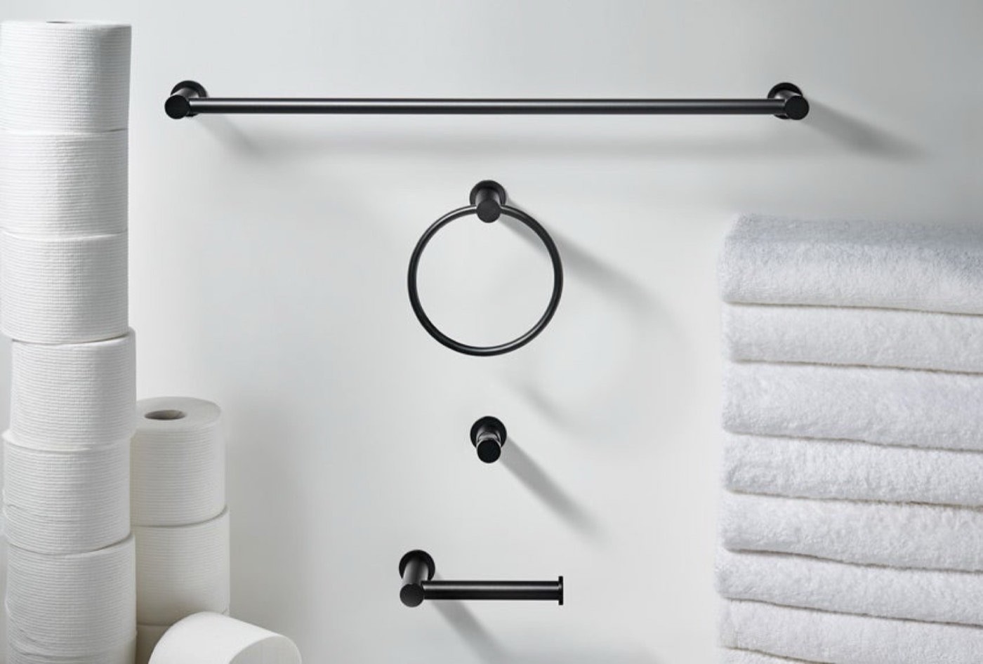 Top Knobs Bath accessories (towel ring, bar, hooks) in black, available at Shoreline Cabinet Company in Wilmington, NC