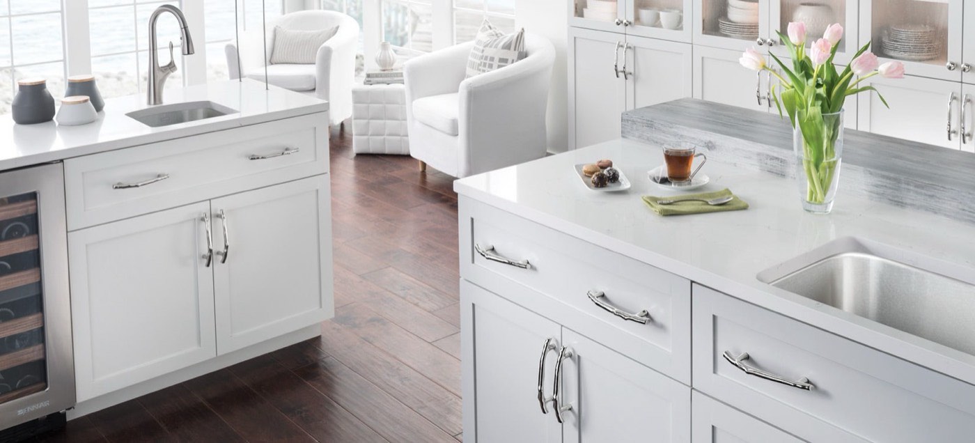 Top Knobs Aspen II Twig pulls, white kitchen island, available at Shoreline Cabinet Company in Wilmington, NC